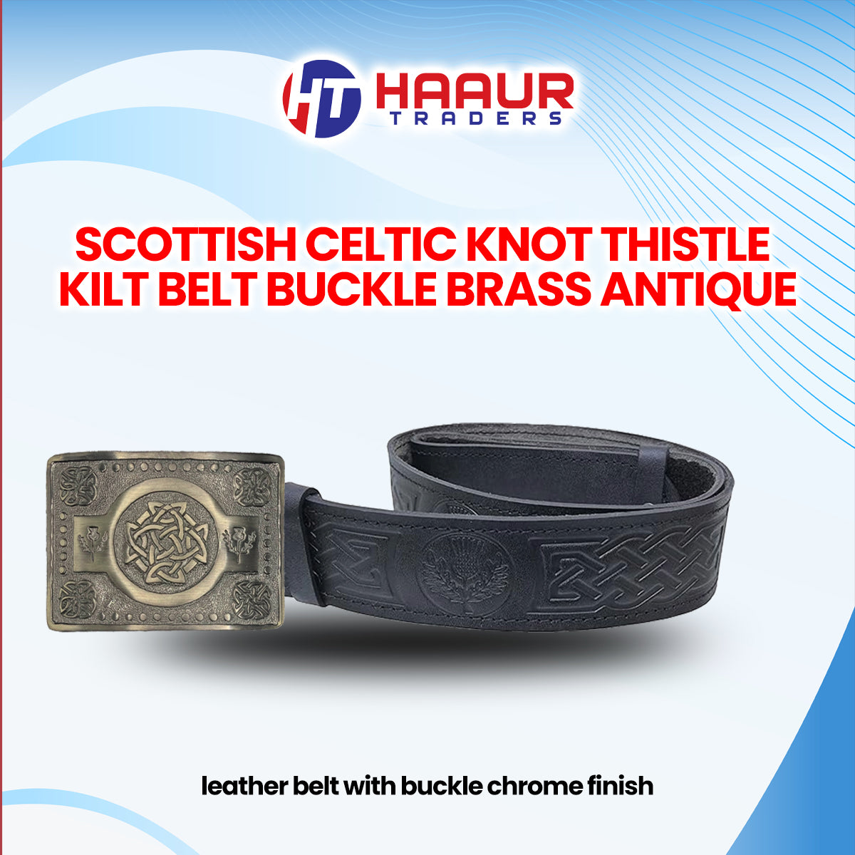 Black Leather Thistle Design Scottish Highland Kilt Belt With Antique Finish Buckle