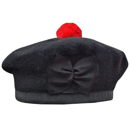 New Scottish Black Wool Balmoral plain Hat With Red Pompom on Top