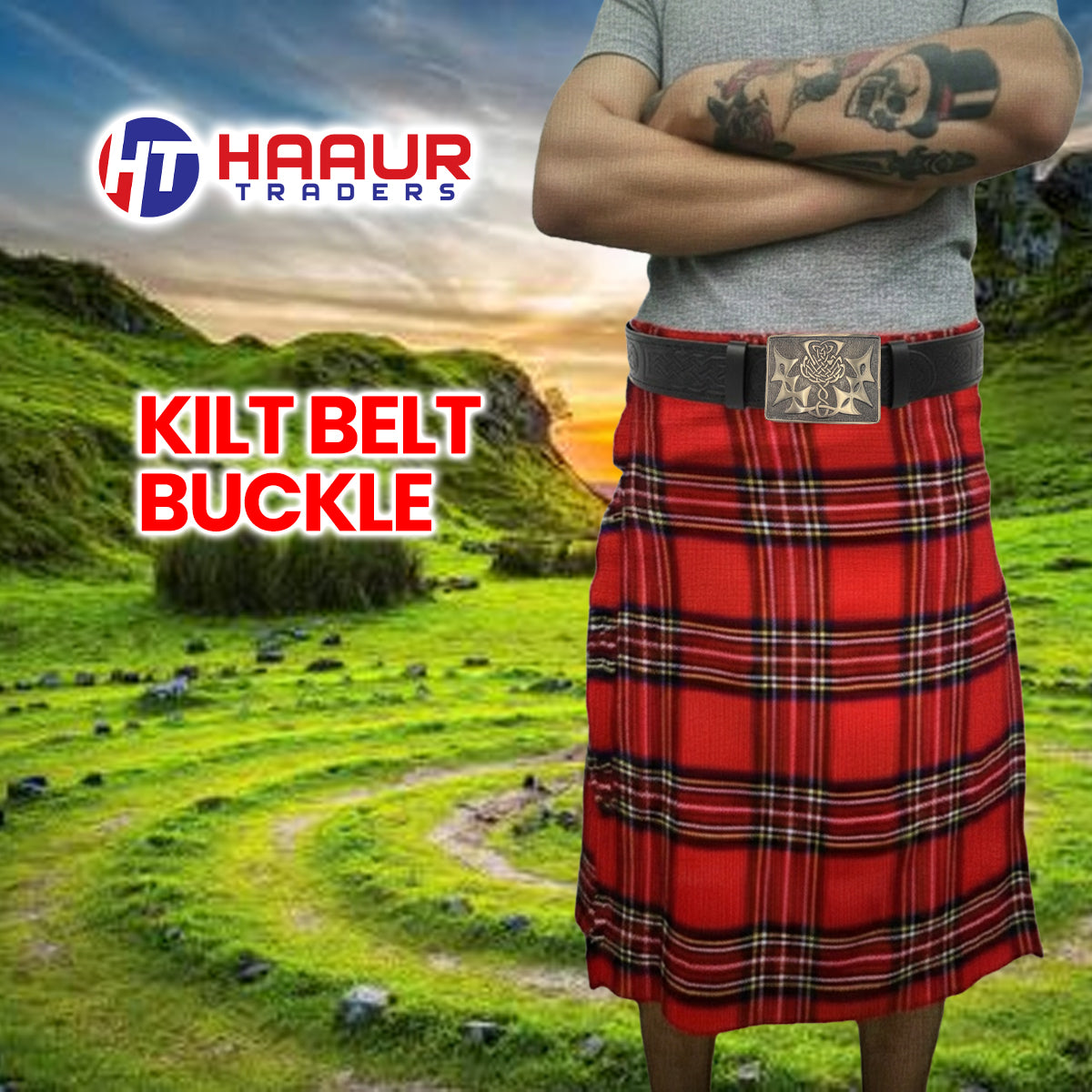 Black Leather Thistle Design Scottish Highland Kilt Belt With Antique Finish Buckle