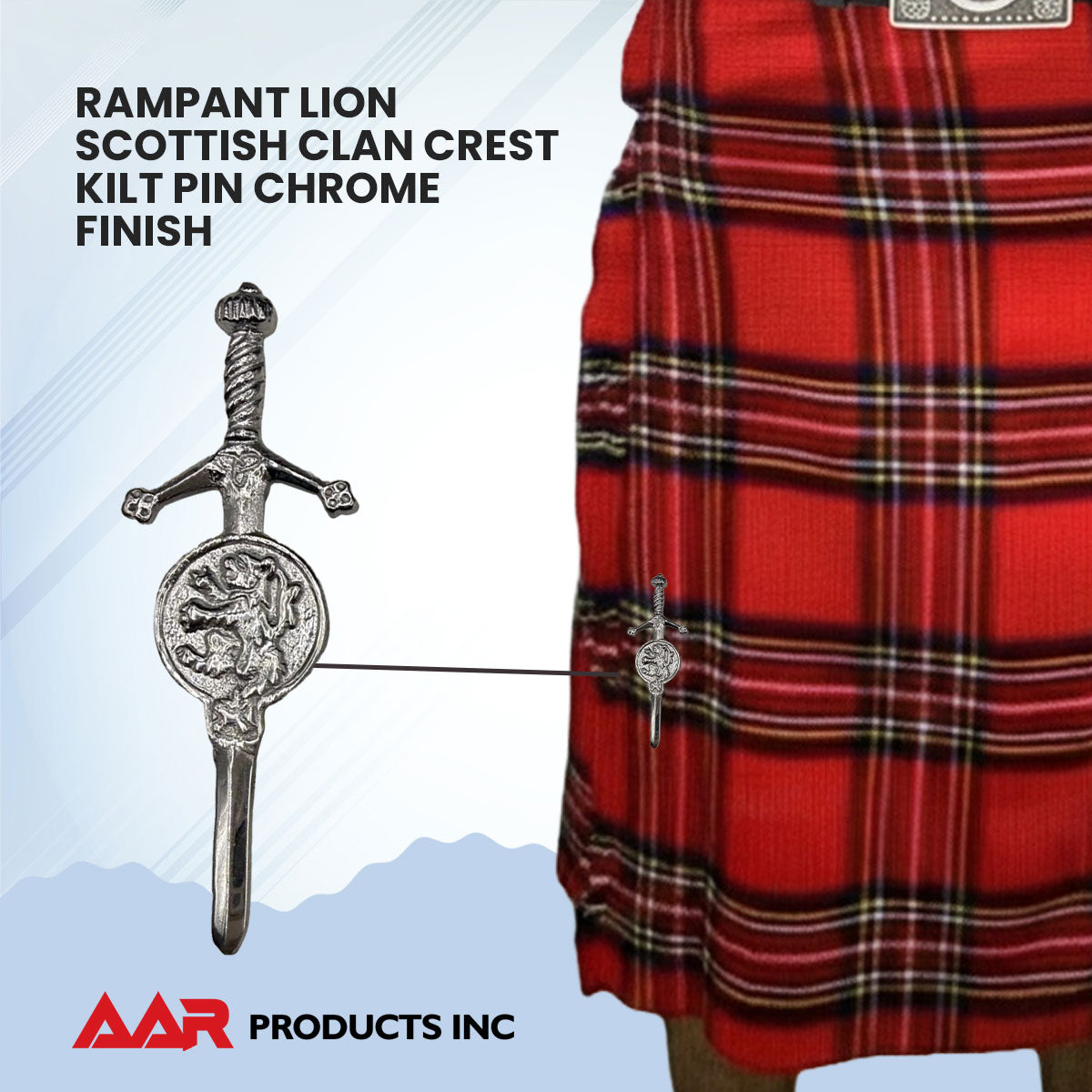 Brand New Kilt Pin with Rampant Lion Badge Chrome Finish