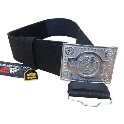AAR Leather Thistle Kilt Belt Black with Chrome Finish Celtic Buckle | Scottish Highland Belt for Men