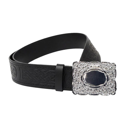 AAR Leather Thistle Kilt Belt Black with Chrome Finish Celtic Buckle | Scottish Highland Belt for Men