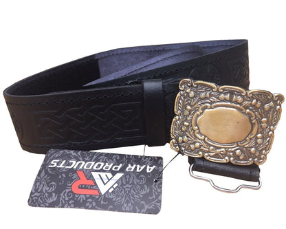 AAR Leather Thistle Design Kilt Belt – Black with Antique Finish Celtic Buckle | Scottish Highland Belt