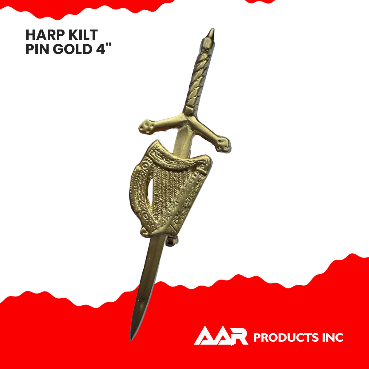 AAR Irish Celtic Harp Sword kilt Pin 4" Gold Scottish