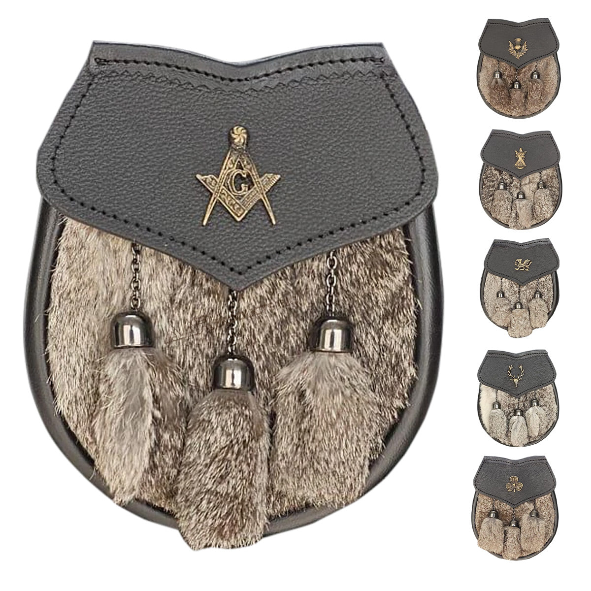 Men's Semi Dress Sporran Brown Rabbit Formal Fur 3 Tassels Leather Belt Chain Antique Badges