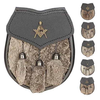 Men's Semi Dress Sporran Brown Rabbit Formal Fur 3 Tassels Leather Belt Chain Antique Badges