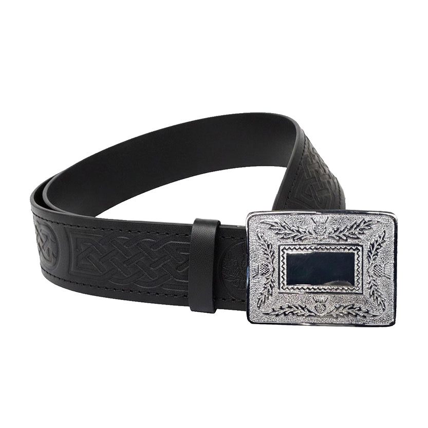 AAR Leather Thistle Kilt Belt Black with Chrome Finish Celtic Buckle | Scottish Highland Belt for Men