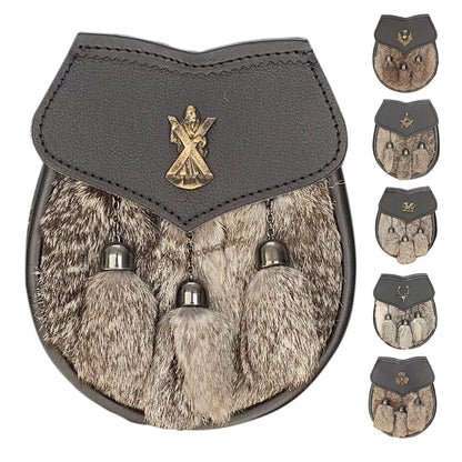 Men's Semi Dress Sporran Brown Rabbit Formal Fur 3 Tassels Leather Belt Chain Antique Badges