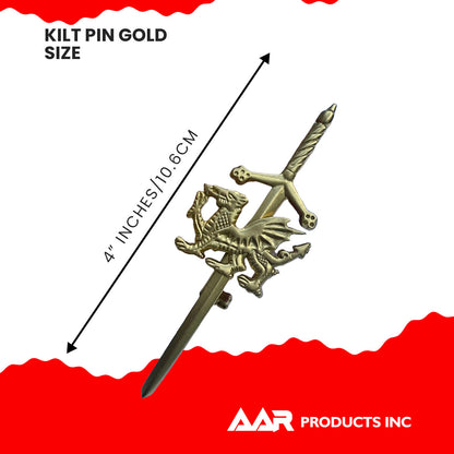 AAR Welsh Dragon Badge kilt Pin 4" Gold Scottish Kilt Sporrans
