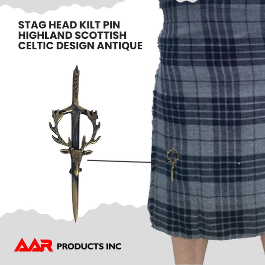 Stag Head Kilt Pin Antique Finish Scottish Sporran Kilt Fly Plaid