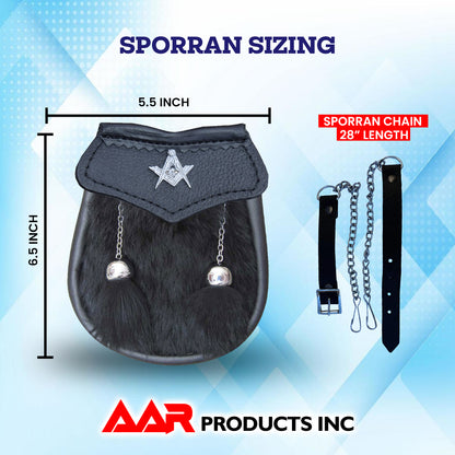 AAR Boys Sporran Black Rabbit Fur 2 Tassels Free Leather Belt Chain Multi Design