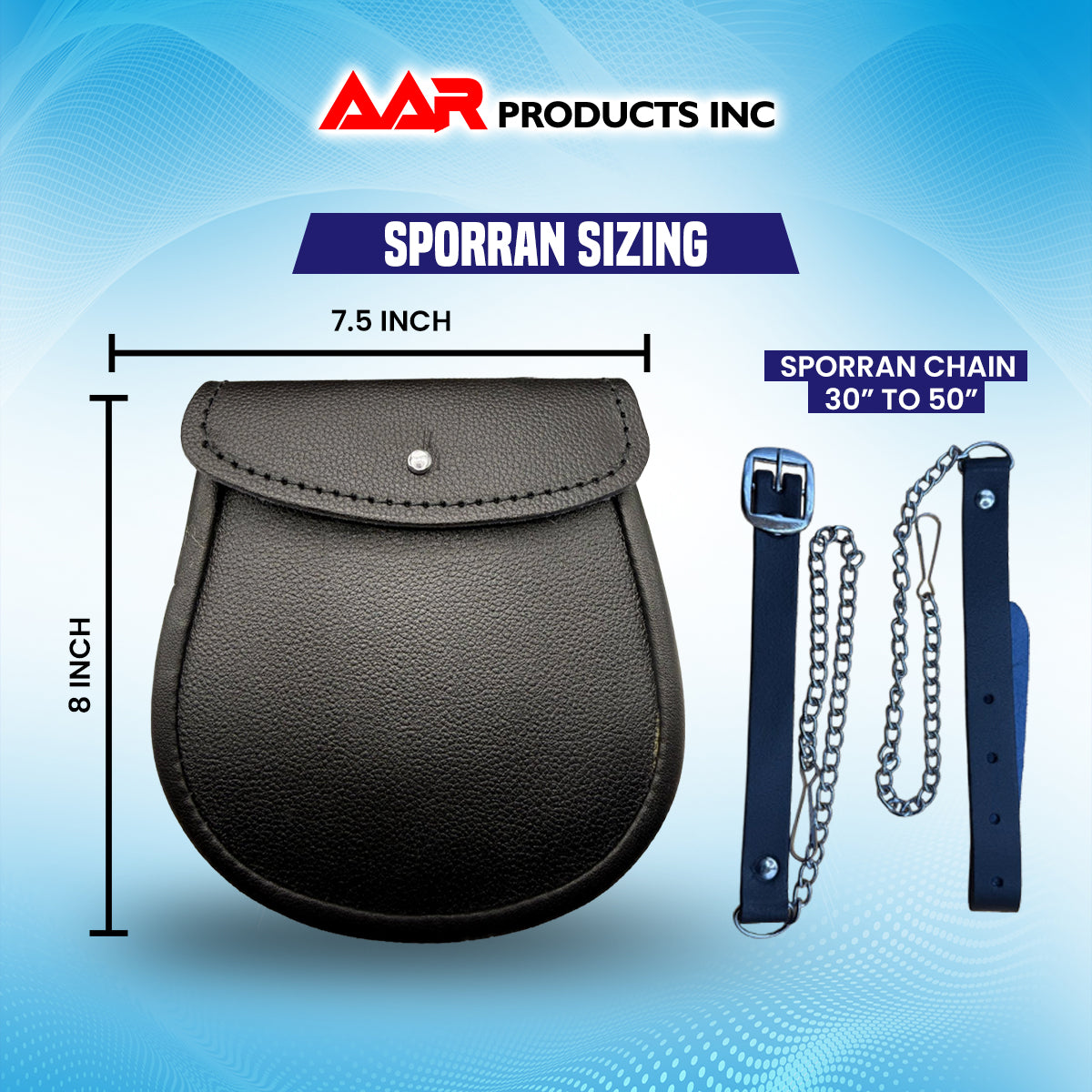AAR Brand New Black Leather Kilt Sporran with Free Chain & Straps