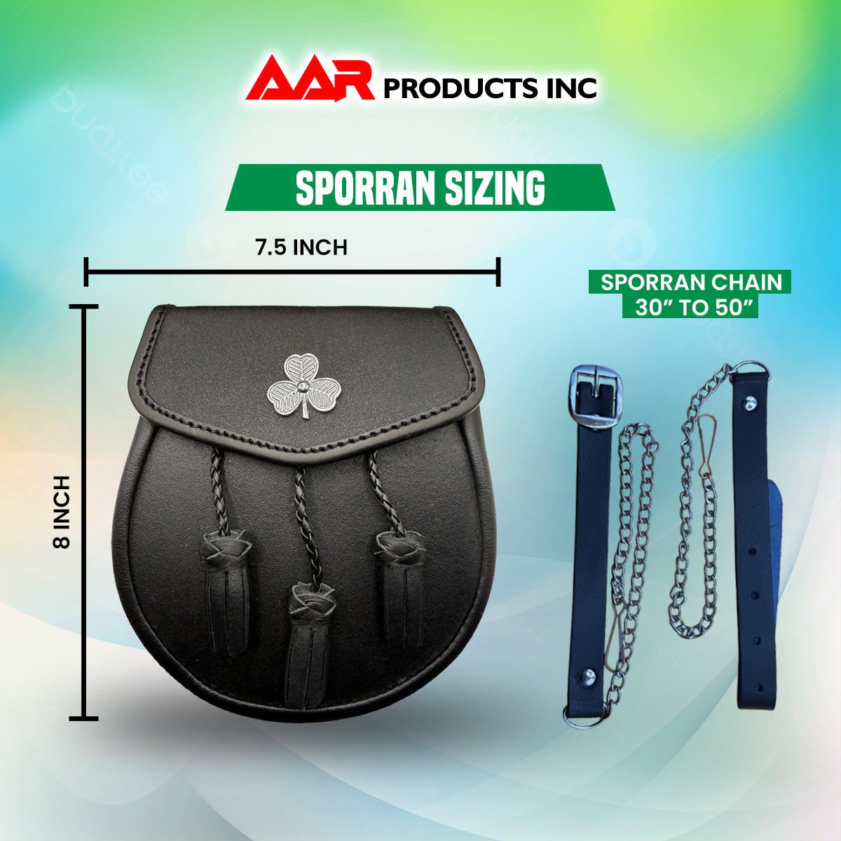 Brand New Black Leather Sporran with 3 Tassels & Shamrock Badge on Front