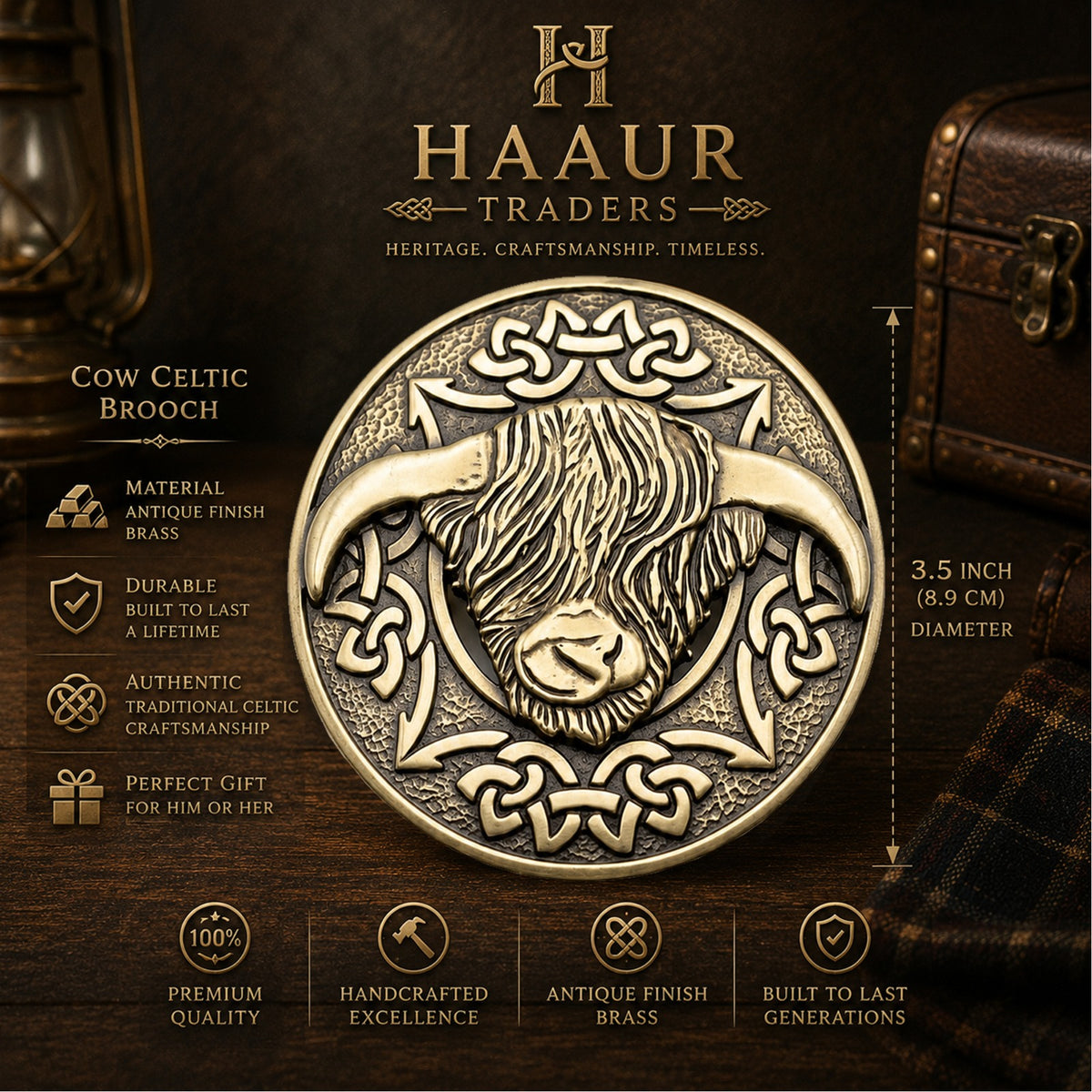Highland Cow Kilt Brooch with Celtic Knot, Scottish Tartan Plaid Sash Pin, Antique Finish Alloy Brooch for Men