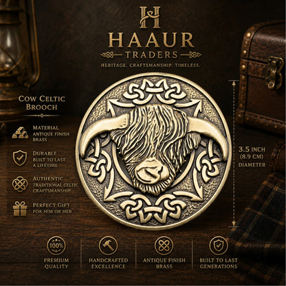 Highland Cow Kilt Brooch with Celtic Knot, Scottish Tartan Plaid Sash Pin, Antique Finish Alloy Brooch for Men