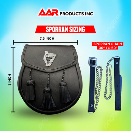 B New Black Leather Sporran with 3 Tassels & Harp Badge on Front