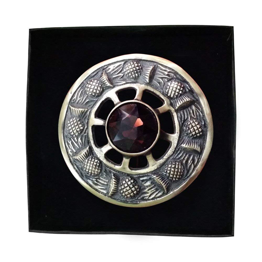 AAR Scottish Highland Kilt Fly Plaid Brooch Thistle Design Antique Finish 3 inch (Brown)