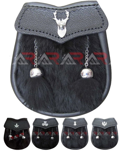 AAR Boys Sporran – Black Rabbit Fur with 2 Tassels – Includes Free Belt & Chain – Traditional Scottish Accessory for Kids