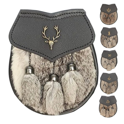 Men's Semi Dress Sporran Brown Rabbit Formal Fur 3 Tassels Leather Belt Chain Antique Badges