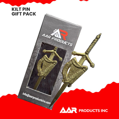 AAR Irish Celtic Harp Sword kilt Pin 4" Gold Scottish