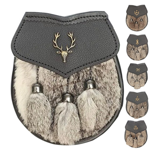 Men's Semi Dress Sporran Brown Rabbit Formal Fur 3 Tassels Leather Belt Chain Antique Badges