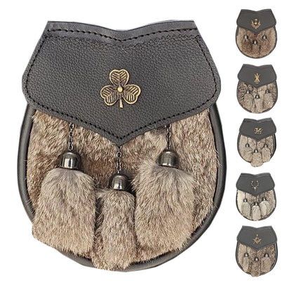 Men's Semi Dress Sporran Brown Rabbit Formal Fur 3 Tassels Leather Belt Chain Antique Badges