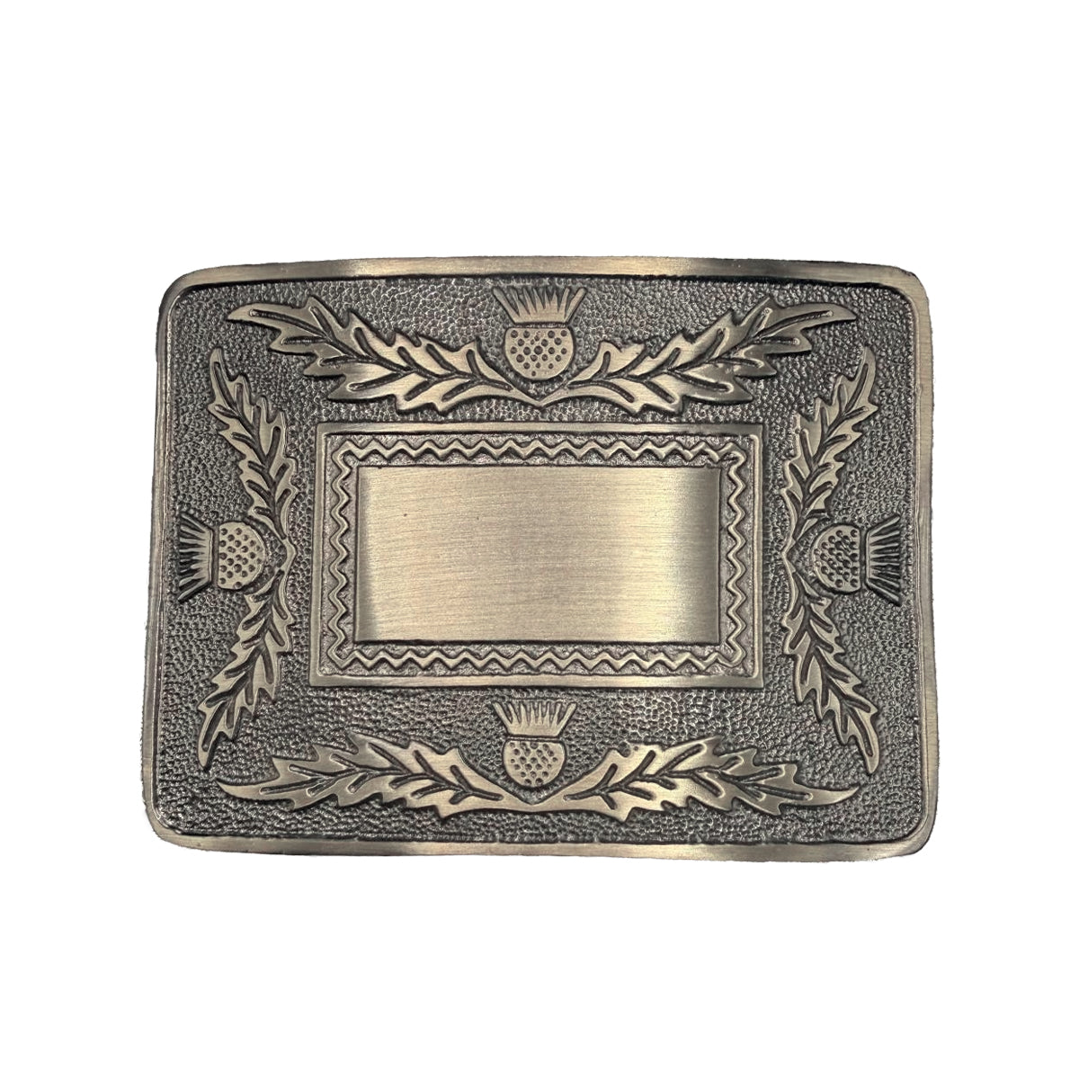 AAR Brand New Celtic Thistle Kilt Buckle in Antique Chrome Jet Black Plated Mirror Design