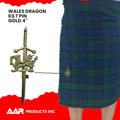 AAR Welsh Dragon Badge kilt Pin 4" Gold Scottish Kilt Sporrans
