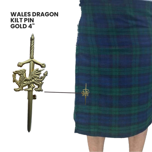 AAR Welsh Dragon Badge kilt Pin 4" Gold Scottish Kilt Sporrans