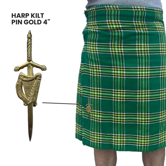 AAR Irish Celtic Harp Sword kilt Pin 4" Gold Scottish