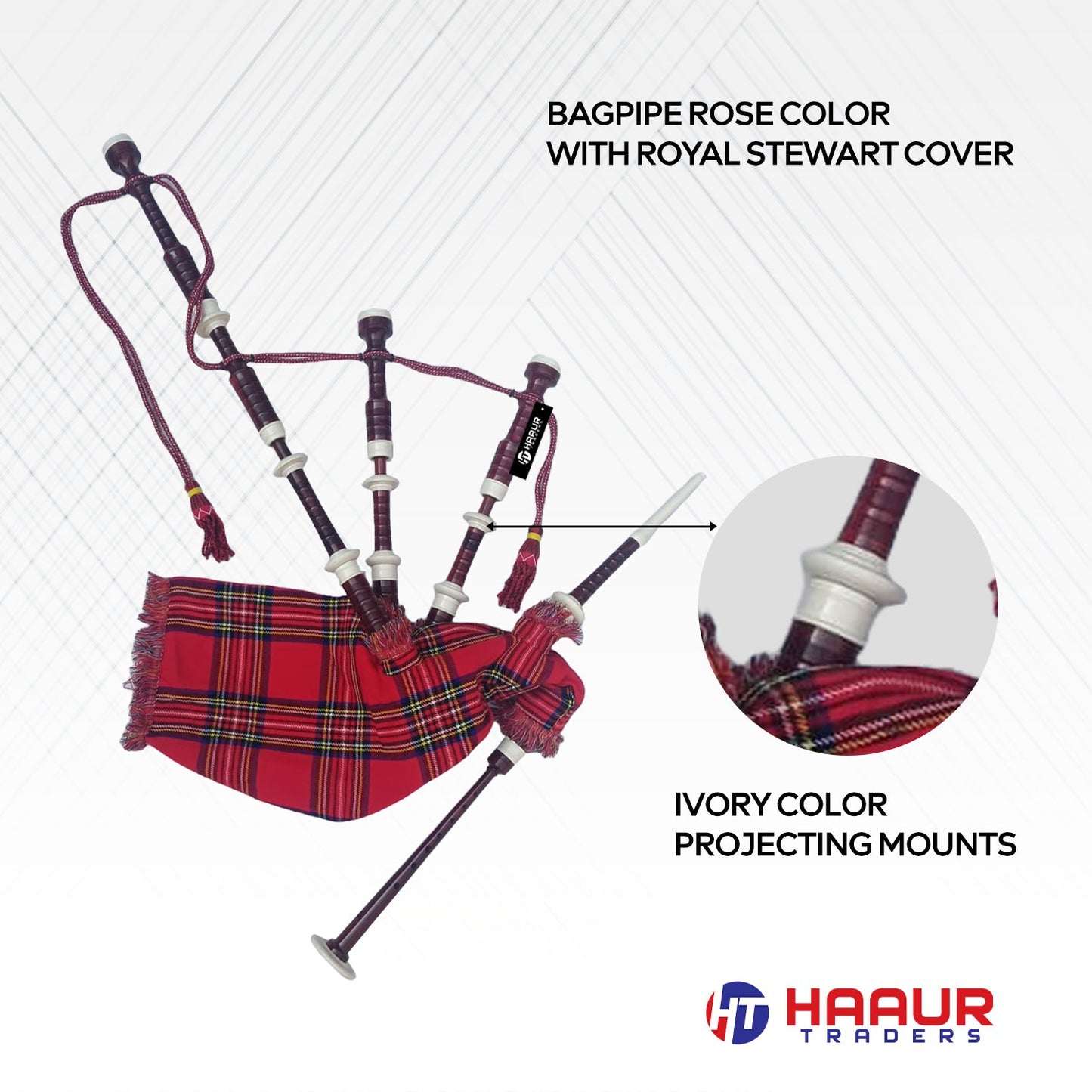 Scottish Bagpipe Rose Color with Royal Stewart Cover & Cord Ivory Mounts