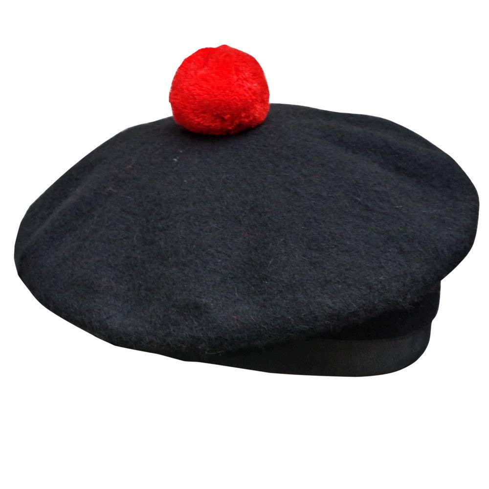 New Scottish Black Wool Balmoral plain Hat With Red Pompom on Top