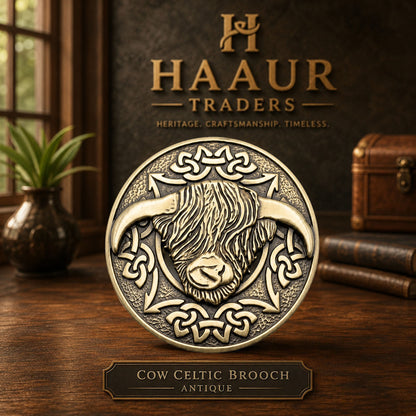 Highland Cow Kilt Brooch with Celtic Knot, Scottish Tartan Plaid Sash Pin, Antique Finish Alloy Brooch for Men