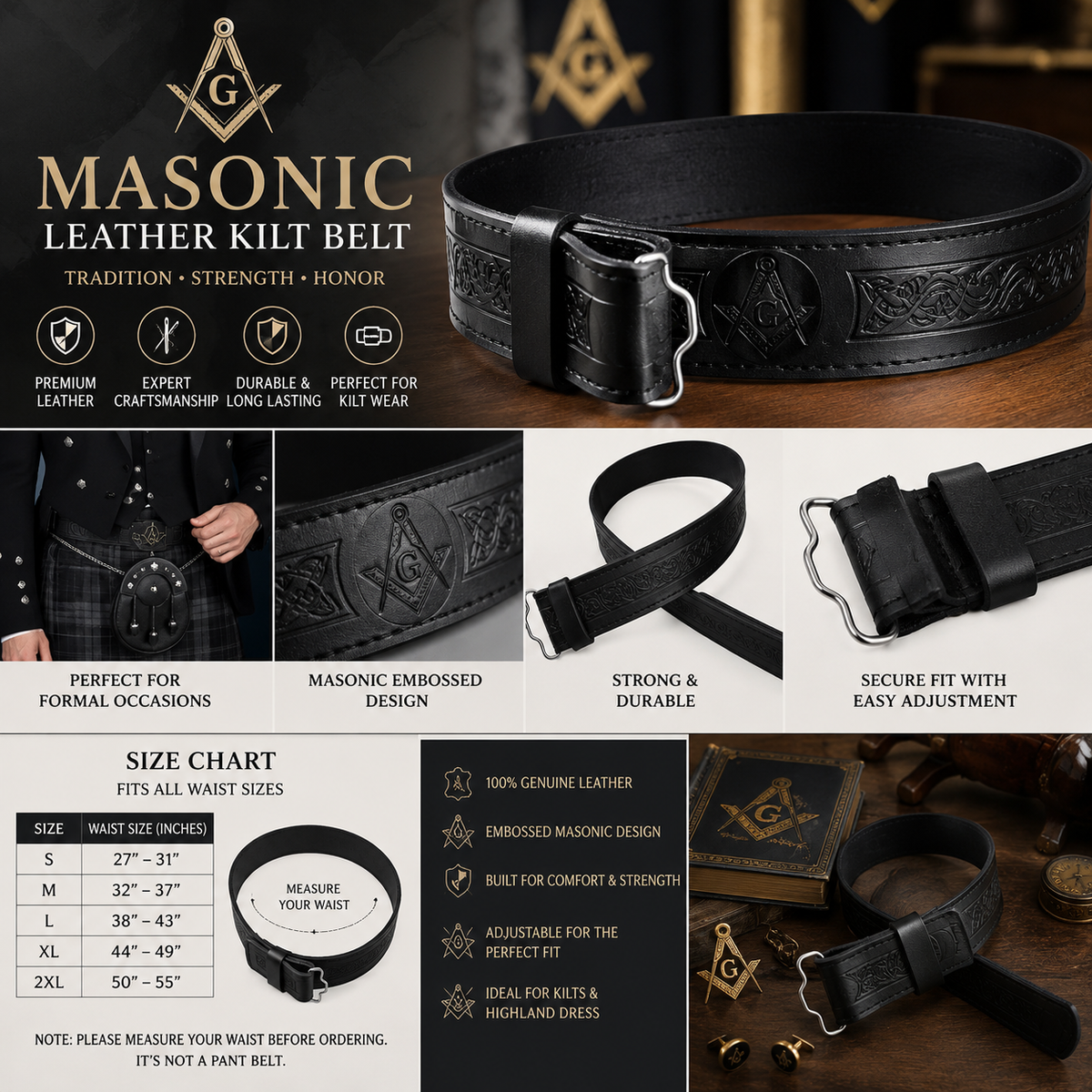 Masonic Kilt belt without Buckle