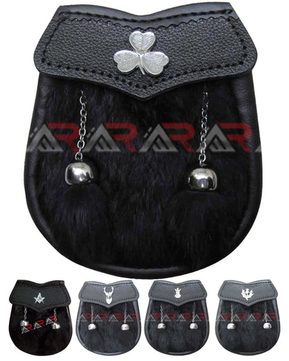 AAR Boys Sporran – Black Rabbit Fur with 2 Tassels – Includes Free Belt & Chain – Traditional Scottish Accessory for Kids