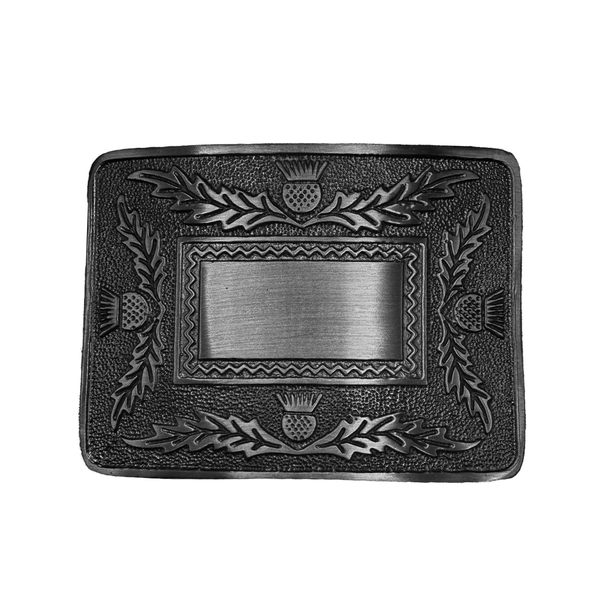 AAR Brand New Celtic Thistle Kilt Buckle in Antique Chrome Jet Black Plated Mirror Design