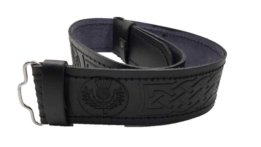 AAR Kilt Belt for Men Leather Black Thistle Embossed Design Scottish Highland