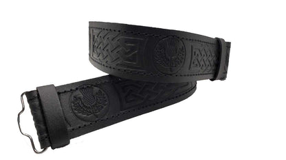 AAR Kilt Belt for Men Leather Black Thistle Embossed Design Scottish Highland