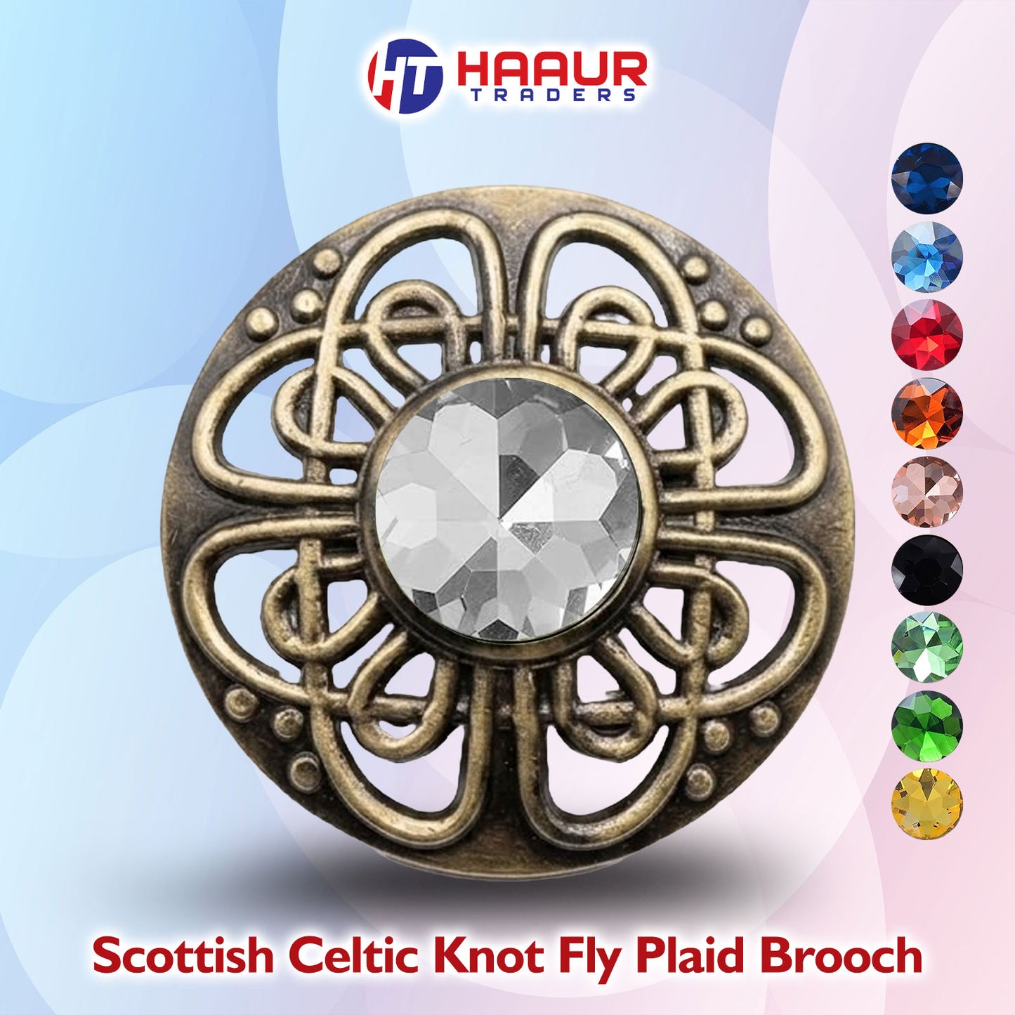 Antique Scottish Celtic Knot Fly Plaid Brooch 3" Pewter Kilt Brooch Gemstone Pin