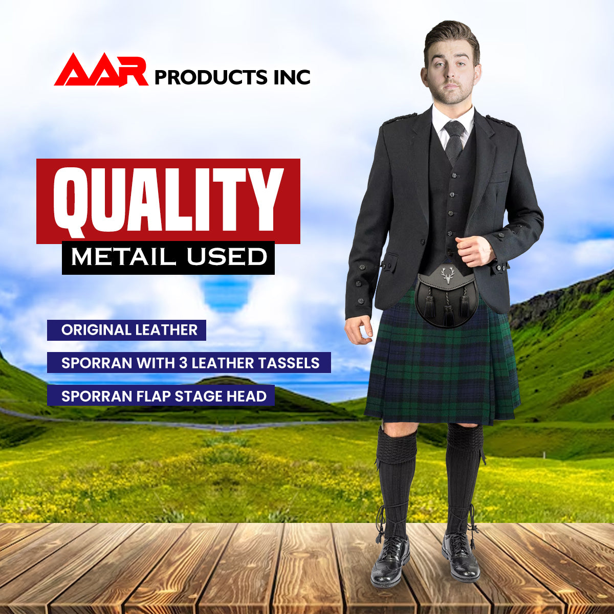 Leather Kilt Sporran Scottish Semi Dress Formal Free Leather Belt Chain Stag Head Design