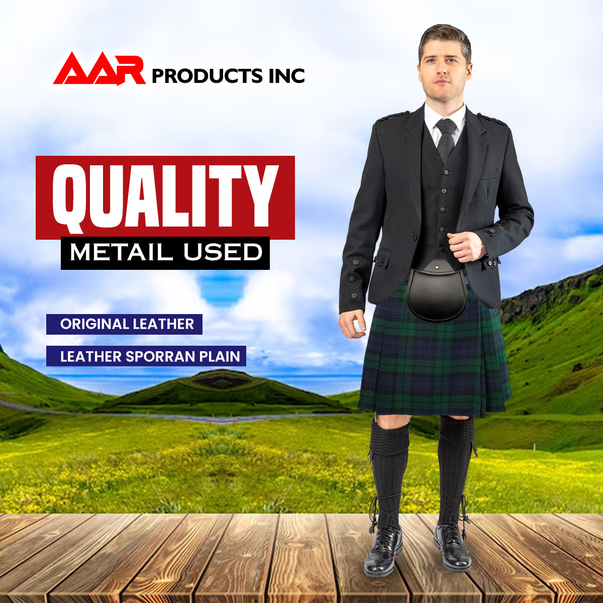 AAR Brand New Black Leather Kilt Sporran with Free Chain & Straps