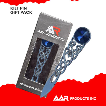 Scottish Kilt Pin Highland Celtic Knot Stone kilt Pins Chrome Blue Stone