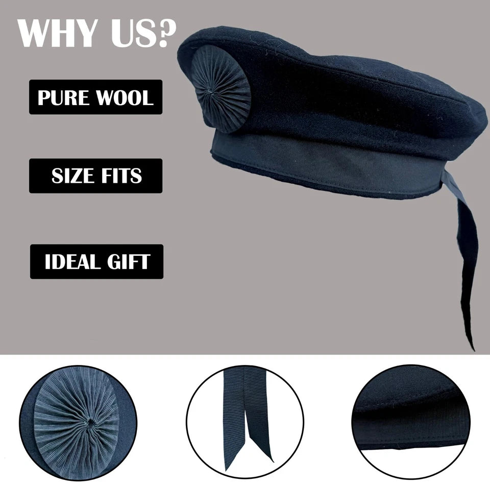 Irish Caubeen Military Wool Hat – Army Beret Balmoral Glengarry Style – 100% Wool Traditional Cap