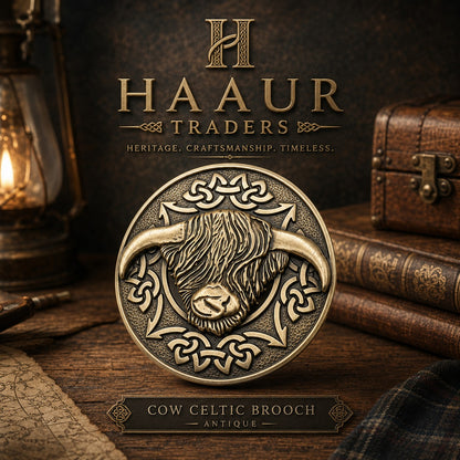 Highland Cow Kilt Brooch with Celtic Knot, Scottish Tartan Plaid Sash Pin, Antique Finish Alloy Brooch for Men