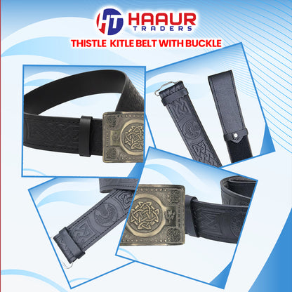 Black Leather Thistle Design Scottish Highland Kilt Belt With Antique Finish Buckle