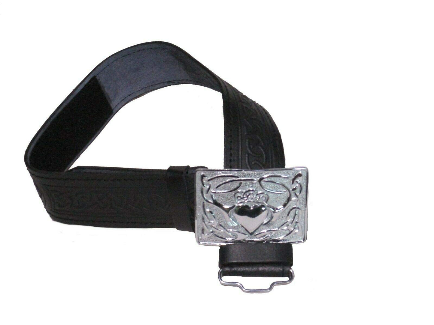 AAR Leather Celtic Design Kilt Belt Black & Brown With Chrome Finish Buckle Scottish Highland