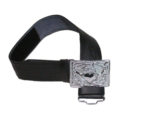 AAR Leather Celtic Design Kilt Belt Black & Brown With Chrome Finish Buckle Scottish Highland
