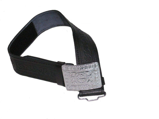AAR Leather Celtic Design Kilt Belt Black & Brown With Chrome Finish Buckle Scottish Highland