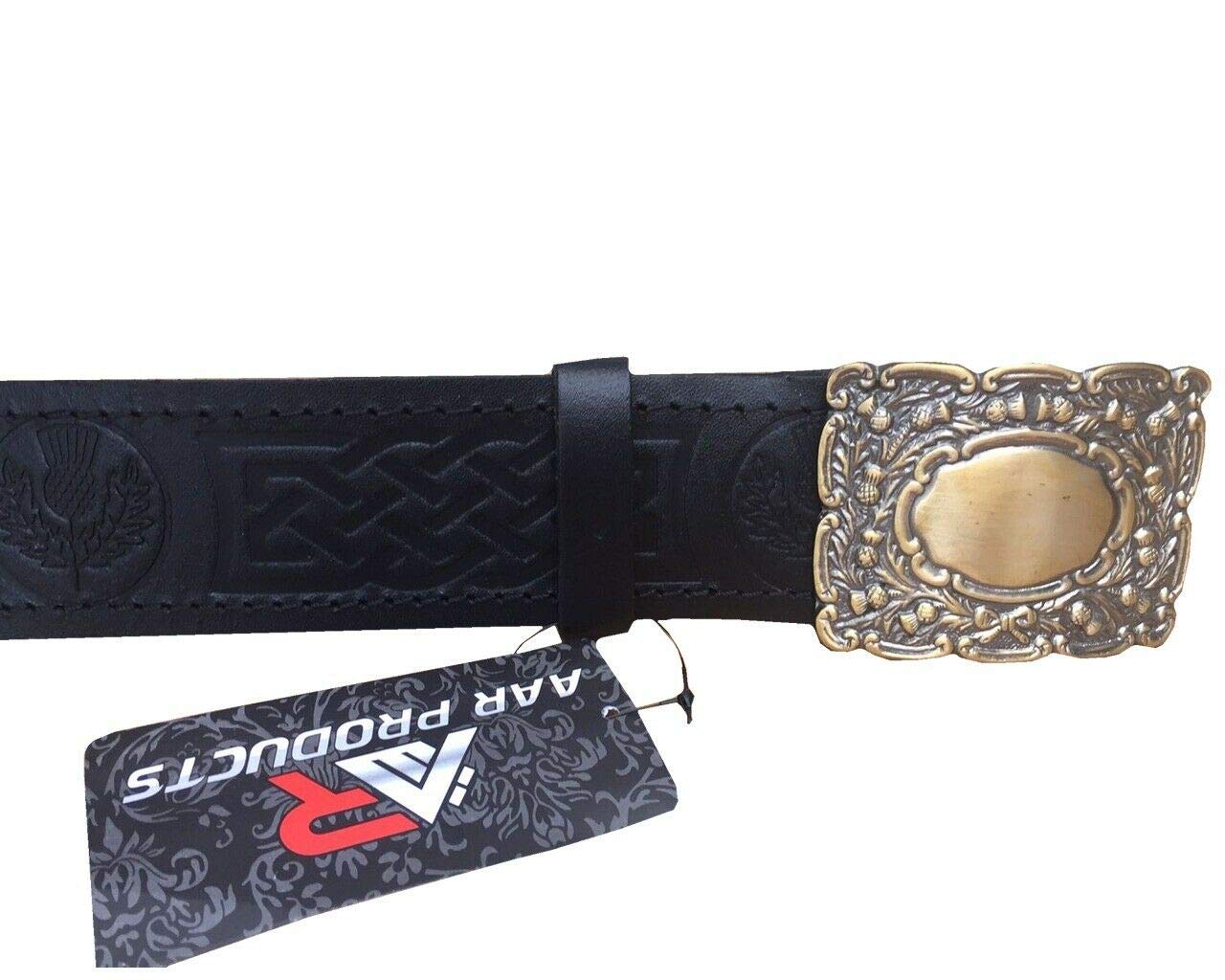Black Leather Thistle Design Scottish Highland Kilt Belt With Antique Finish Buckle