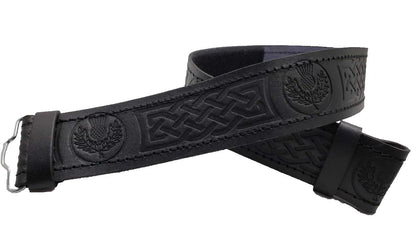 AAR Kilt Belt for Men Leather Black Thistle Embossed Design Scottish Highland